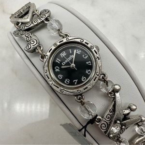 NWT Chicos Charm Bracelet Watch, Silver Tone, Black Dial